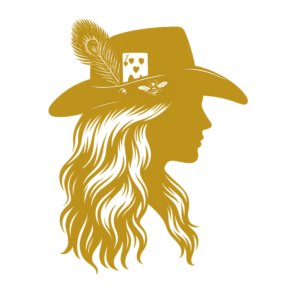 Gold silhouette of a woman wearing a hat with decorative elements on a white background