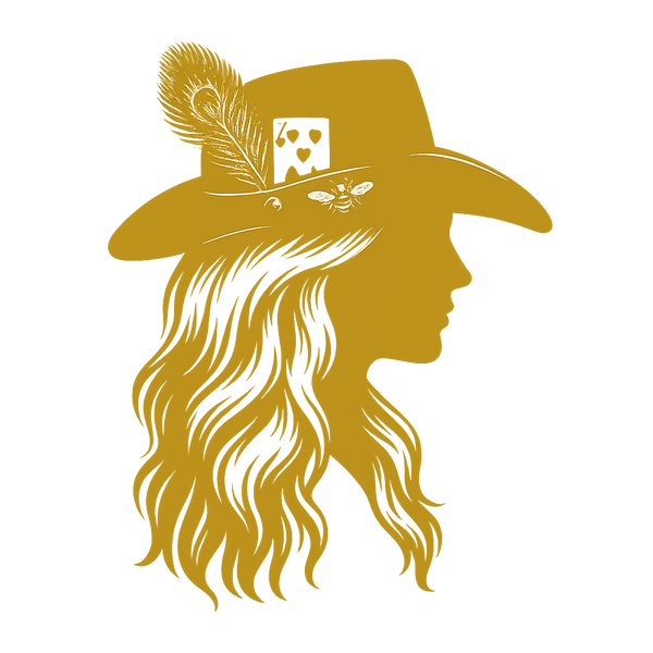 Gold silhouette of a woman wearing a hat with decorative elements on a white background