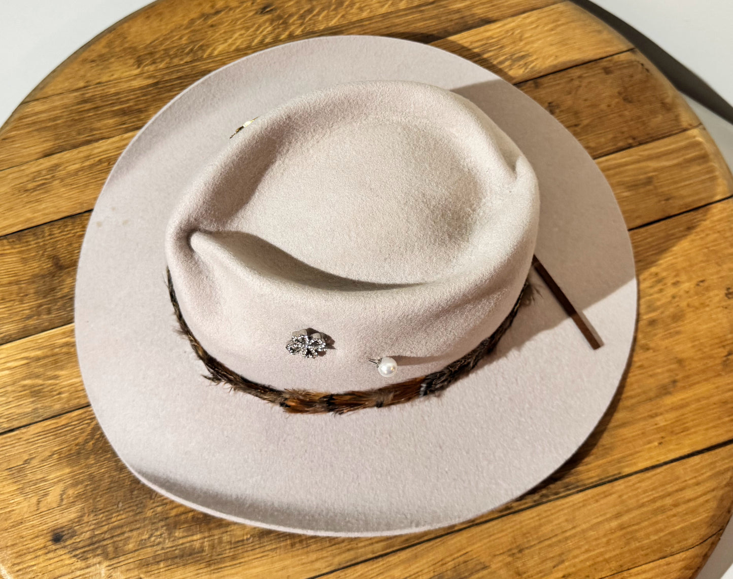 Custom Feather Band Western Hat | Soft Neutral Felt | Hand-Styled One-of-a-Kind