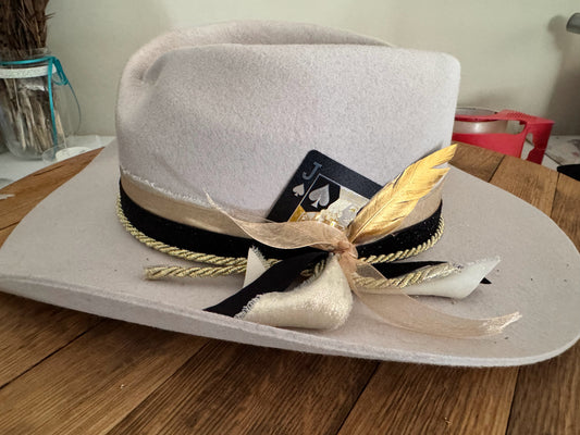 Custom Statement Western Hat | Neutral Felt with Gold Feather & Card Detail | Made-to-Order