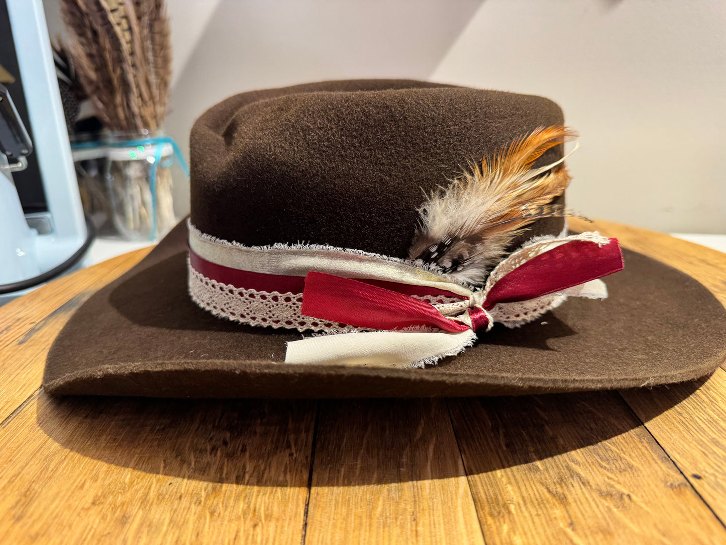 Custom Romantic Western Hat | Lace & Ribbon Band with Feather Detail | Made-to-Order